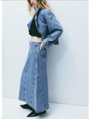 NWT H&M Denim Maxi Skirt Sz 0 | A-Line Blue Front Slit High Rise 90s Trend Slit